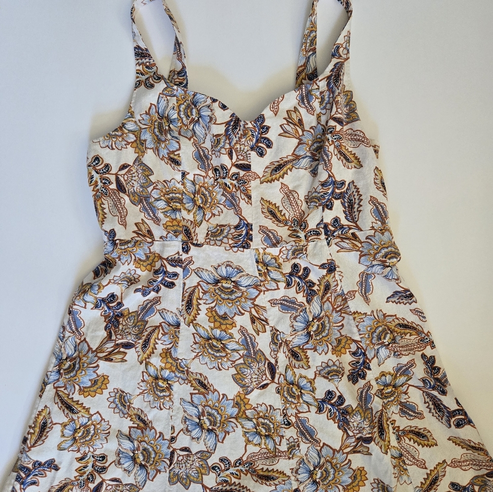 Linen XL Floral yellow blue spring summer skater feminine cottage midi dress - Picture 2 of 7